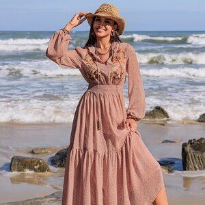 Embroidered Polka Dot Tie Neck Long Sleeve Midi Dress